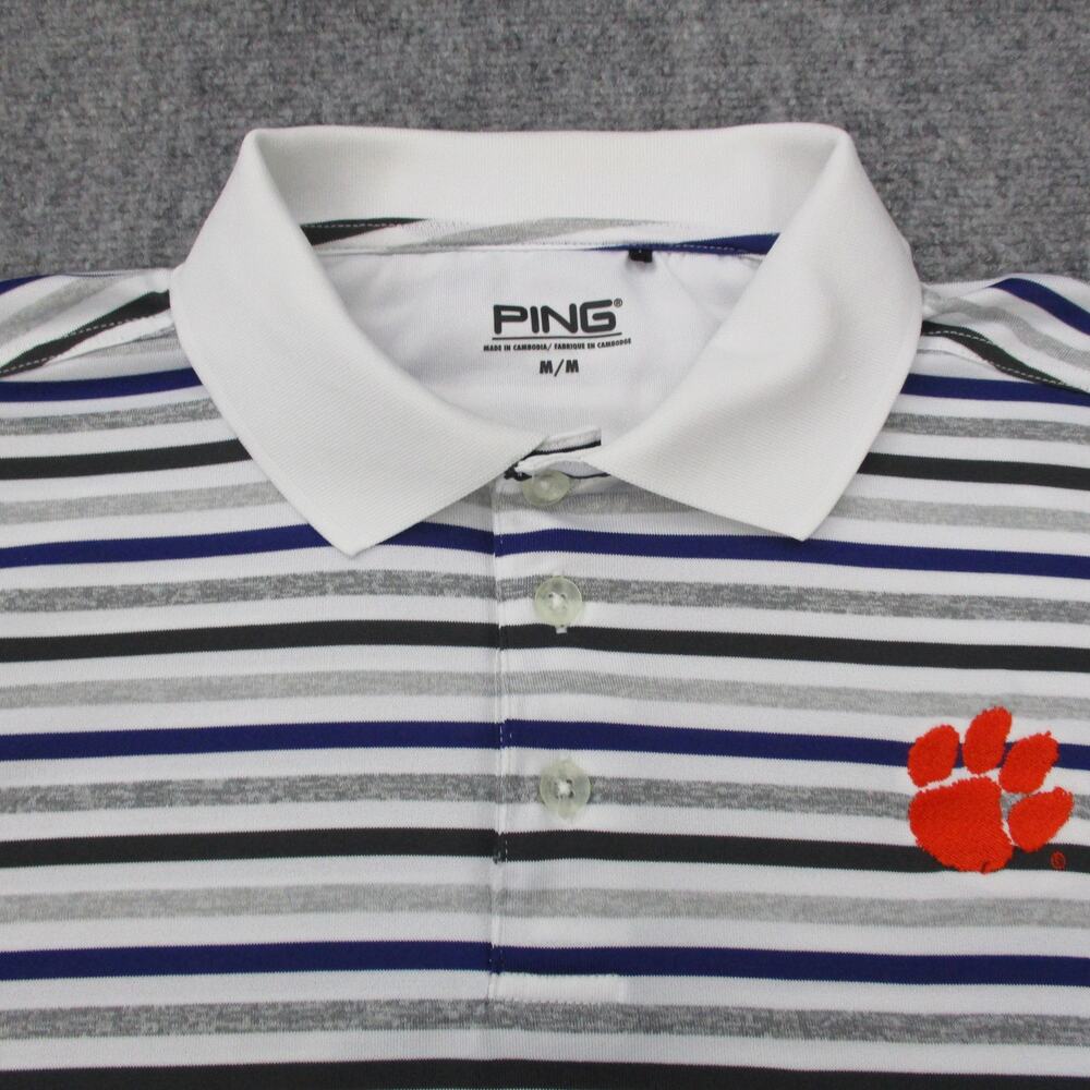Clemson Tigers Shirt Mens Medium White Gray Striped Polo NCAA Football PING Golf